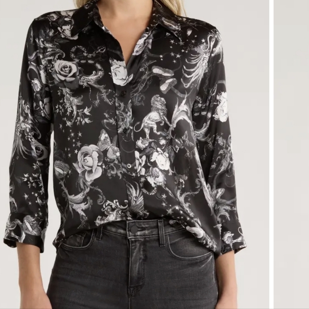 BNWT L'AGENCE silk Black & White Zodiac Dani Button Down Shirt Large